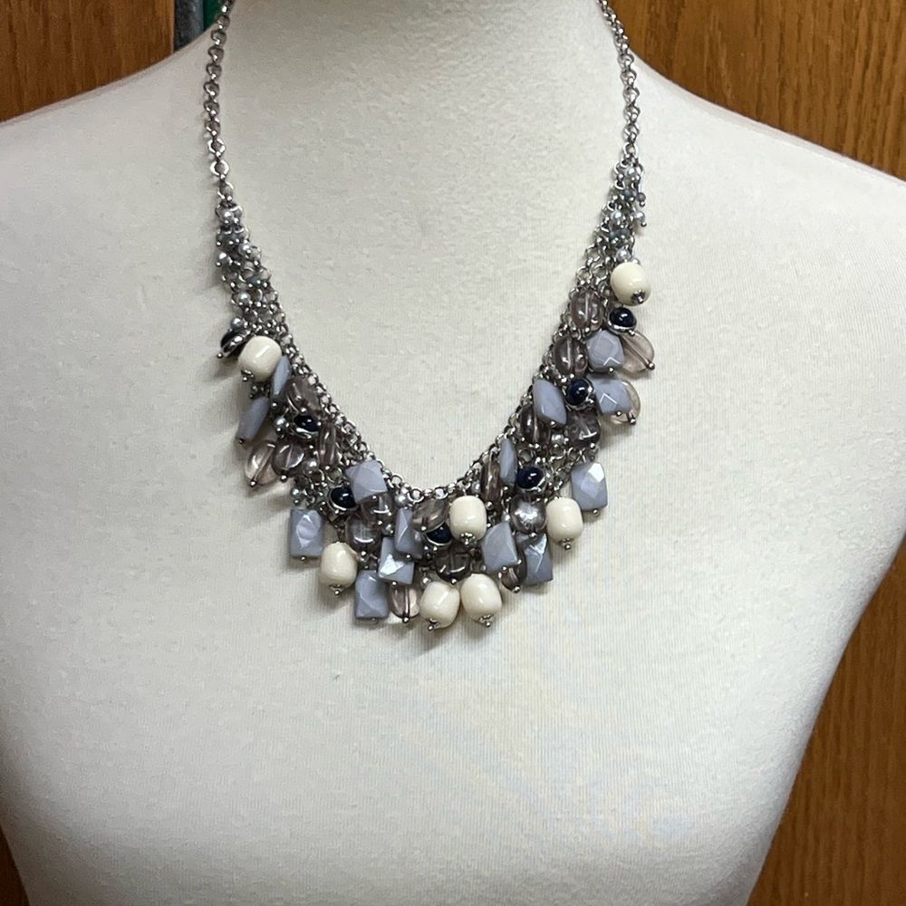 Talbots SilverGray, Navy Blue and Cream Statement Necklace #JW7 - Picture 7 of 8